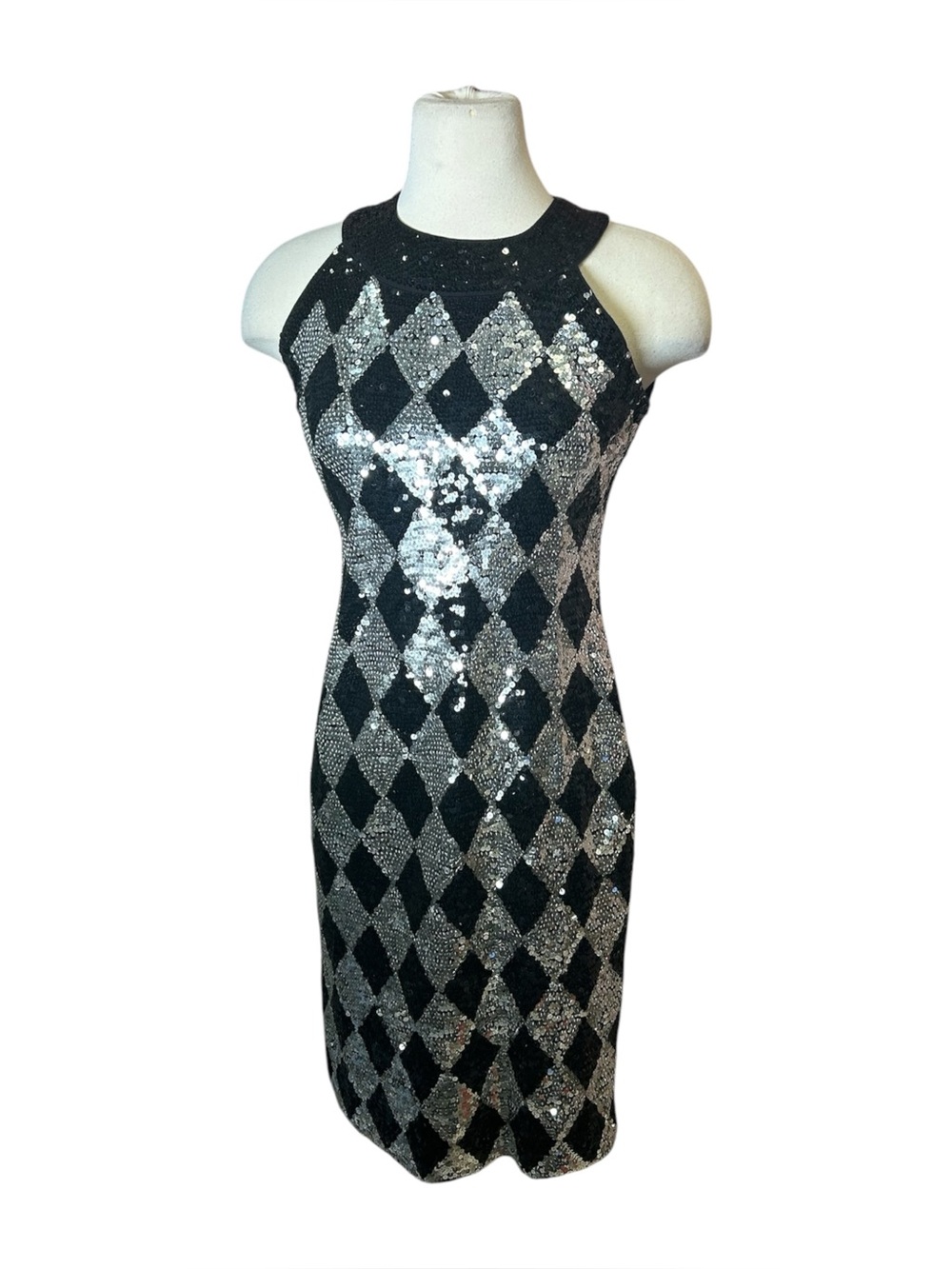Vtg 90s Adrienne Vittadini Harlequin Sequin Dress Medium